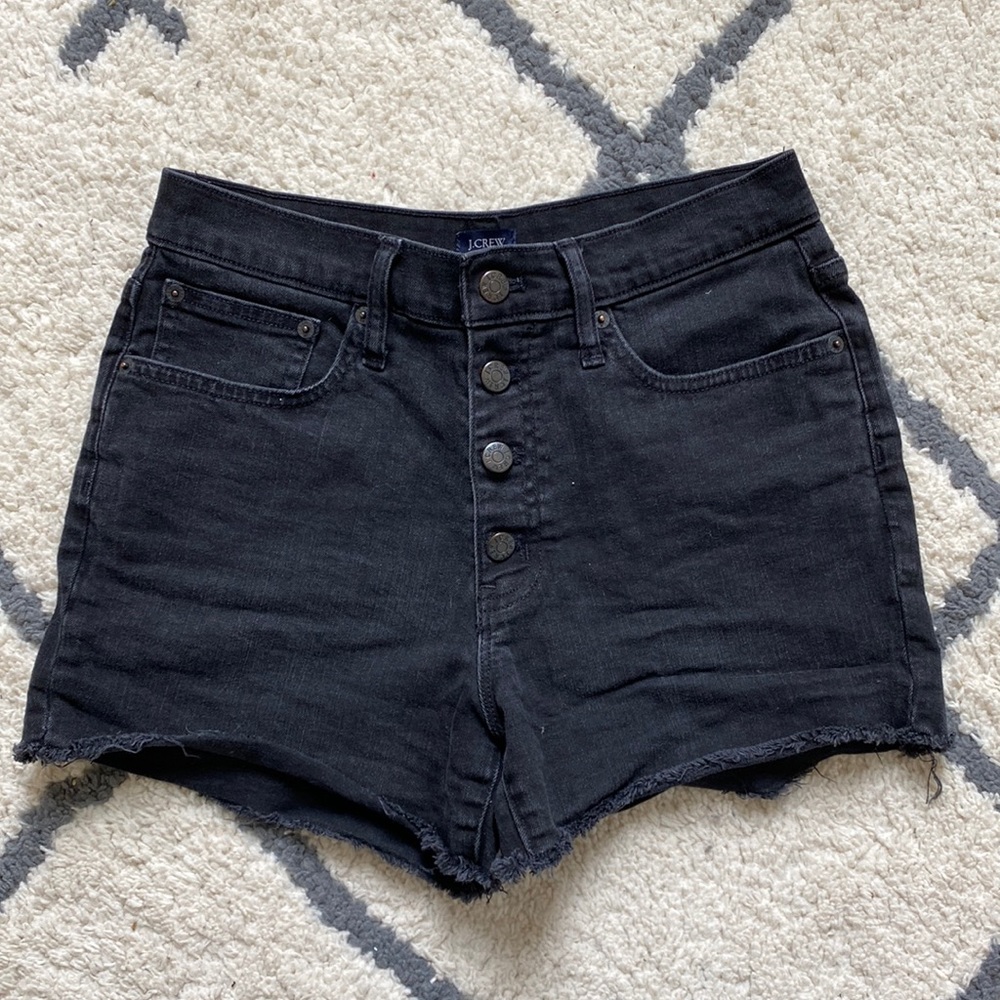 Raw hem J. Crew black jean shorts- high waist sz 27, button fly